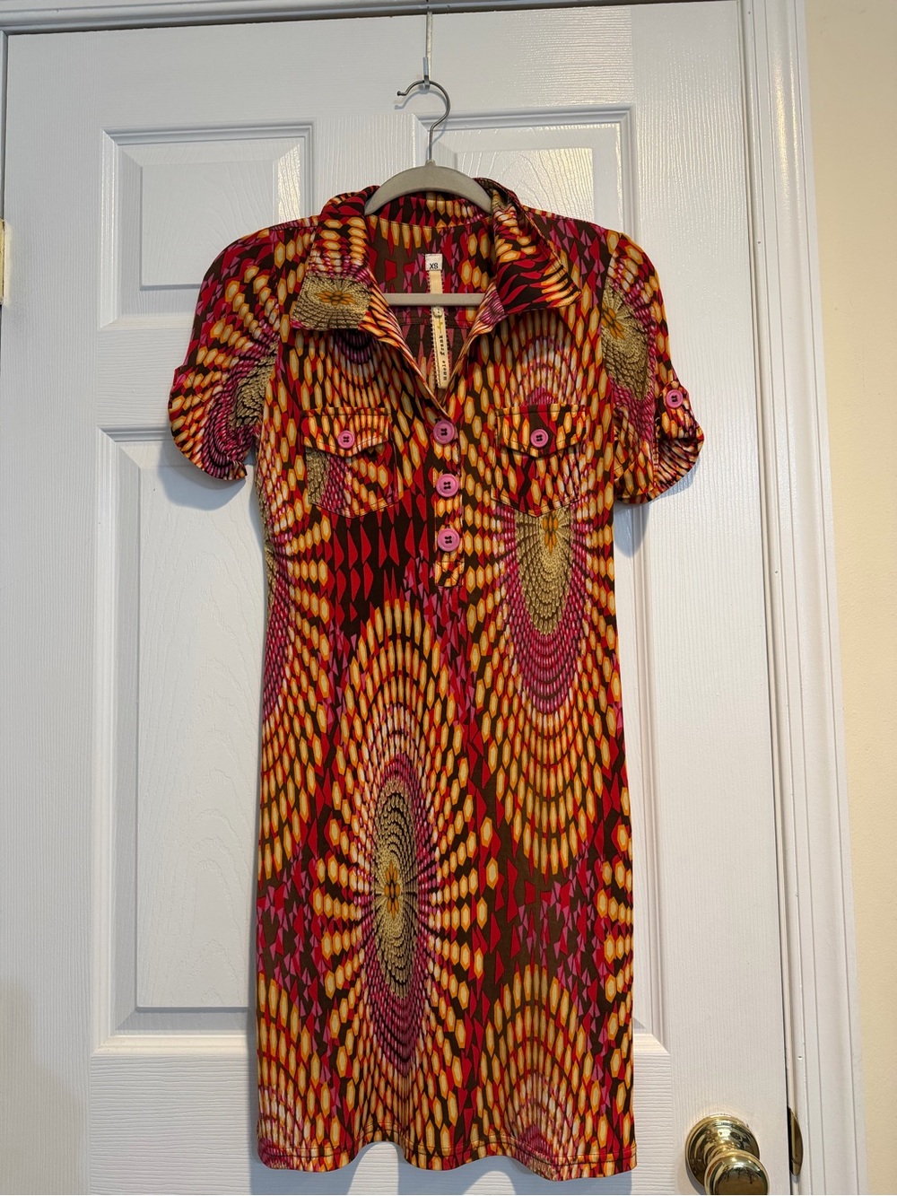 Uncle Frank Multicolor Geo-Print Shirt Dress in Pink, Orange & Brown